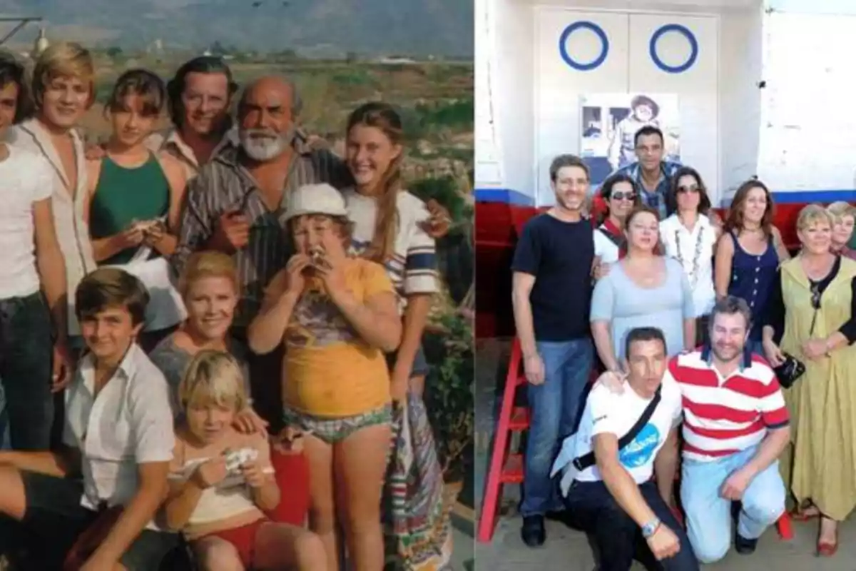Dos fotos de grupo, una antigua y otra reciente, con las mismas personas en ambas imágenes.
