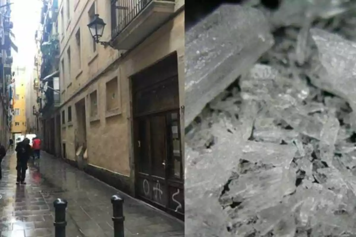 Una calle estrecha con edificios altos y personas caminando bajo la lluvia junto a una imagen de cristales.