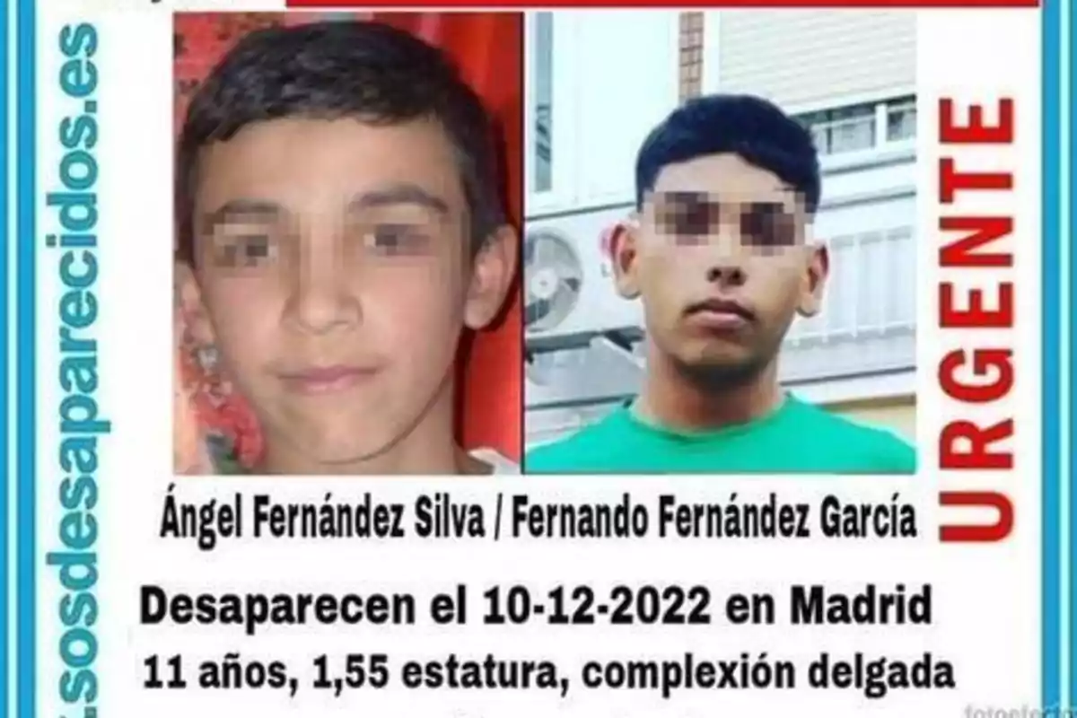 Ángel Fernández Silva y Fernando Fernández García desaparecieron el 10-12-2022 en Madrid. Tienen 11 años, miden 1,55 metros y tienen complexión delgada.