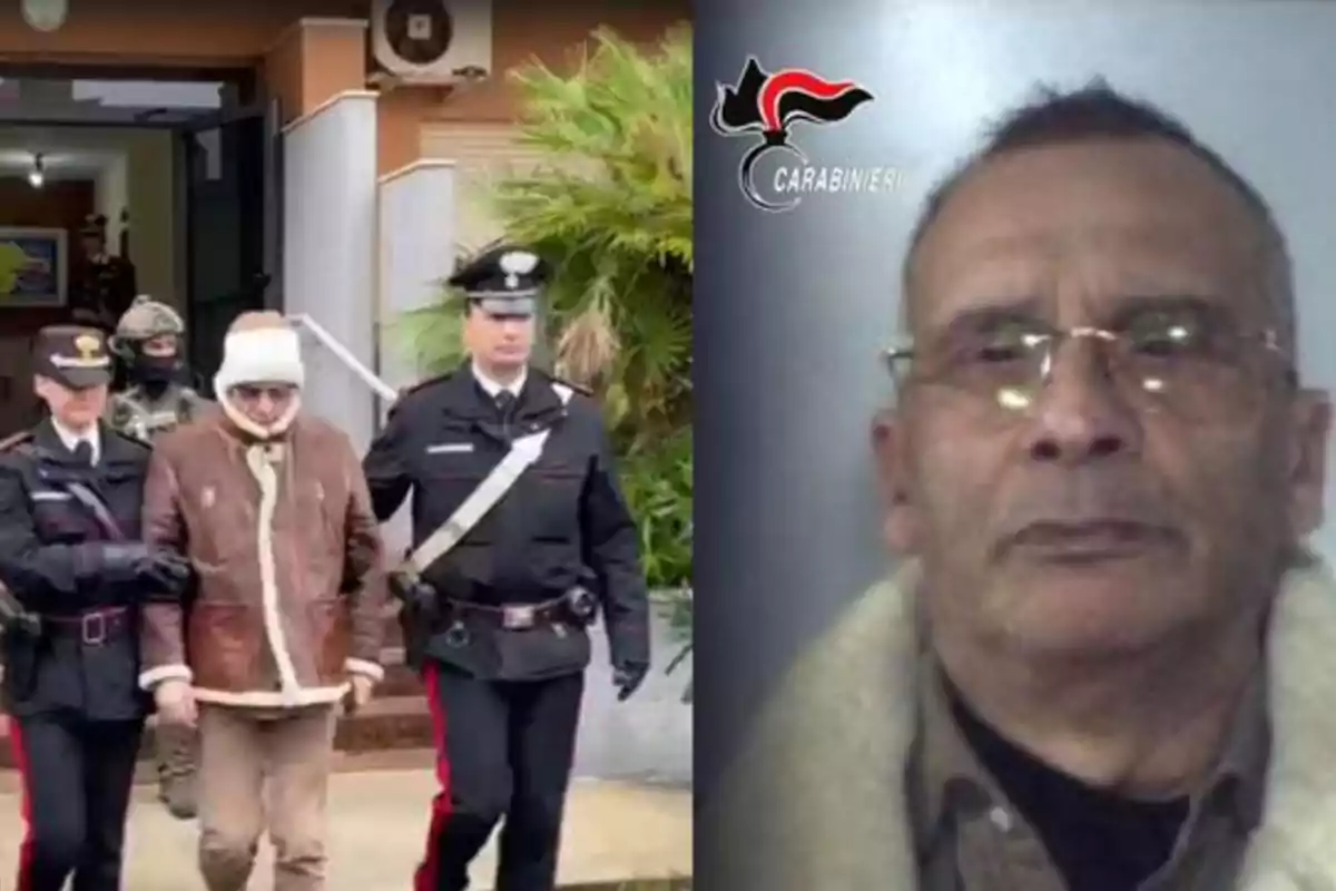 Un hombre escoltado por policías y una foto de identificación con el logo de Carabinieri.