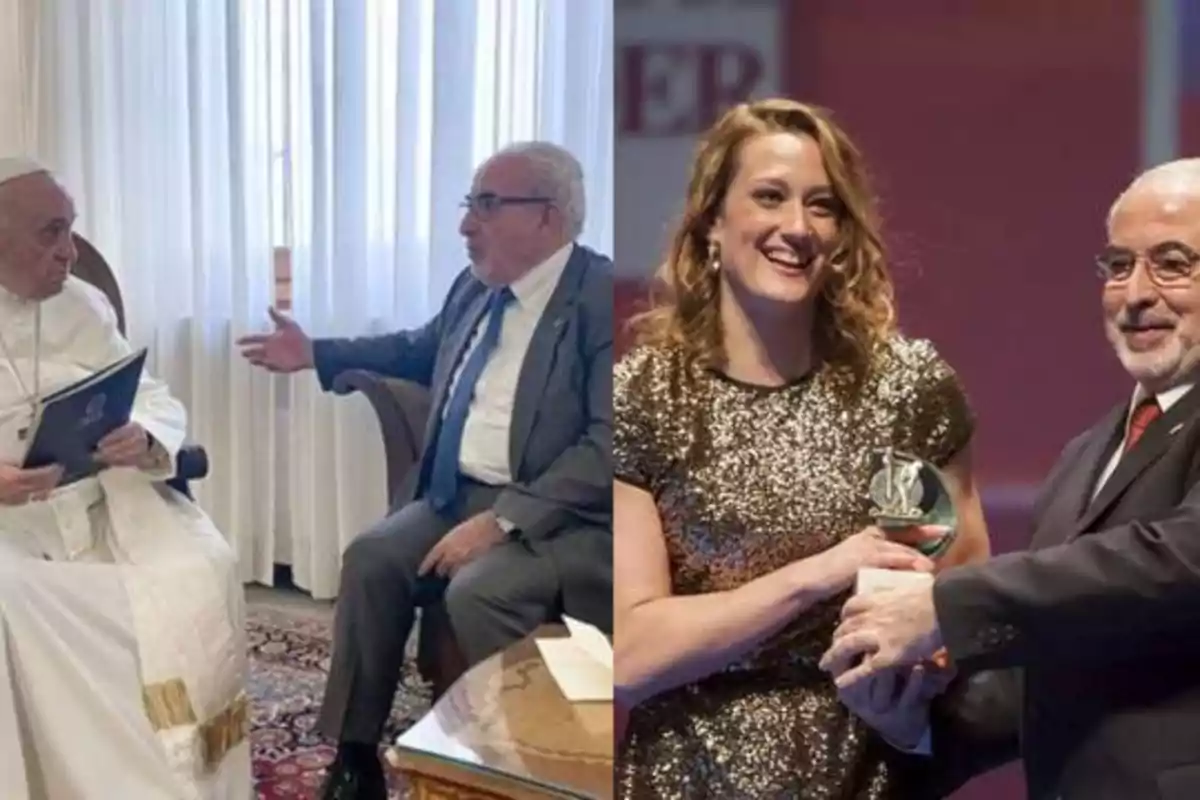 Dos imágenes: a la izquierda, dos hombres mayores conversan sentados, uno de ellos vestido con vestimenta religiosa blanca; a la derecha, una mujer sonriente recibe un premio de un hombre mayor con gafas.