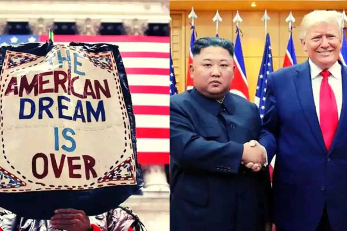 Una persona sostiene un cartel que dice "The American Dream is Over" junto a una imagen de dos líderes políticos dándose la mano.