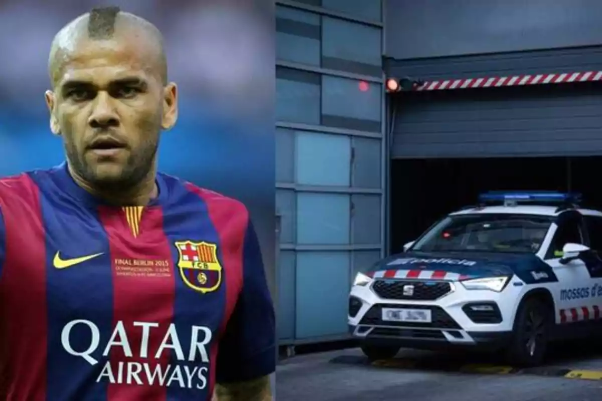 Un jugador de fútbol con la camiseta del FC Barcelona junto a un coche de policía.
