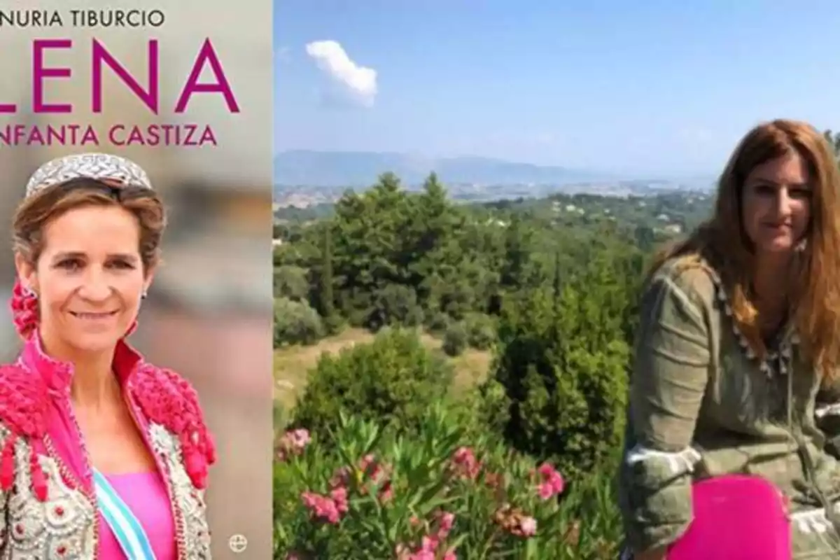 Portada de un libro titulado "Elena Infanta Castiza" junto a una mujer sentada en un jardín con un paisaje montañoso de fondo.