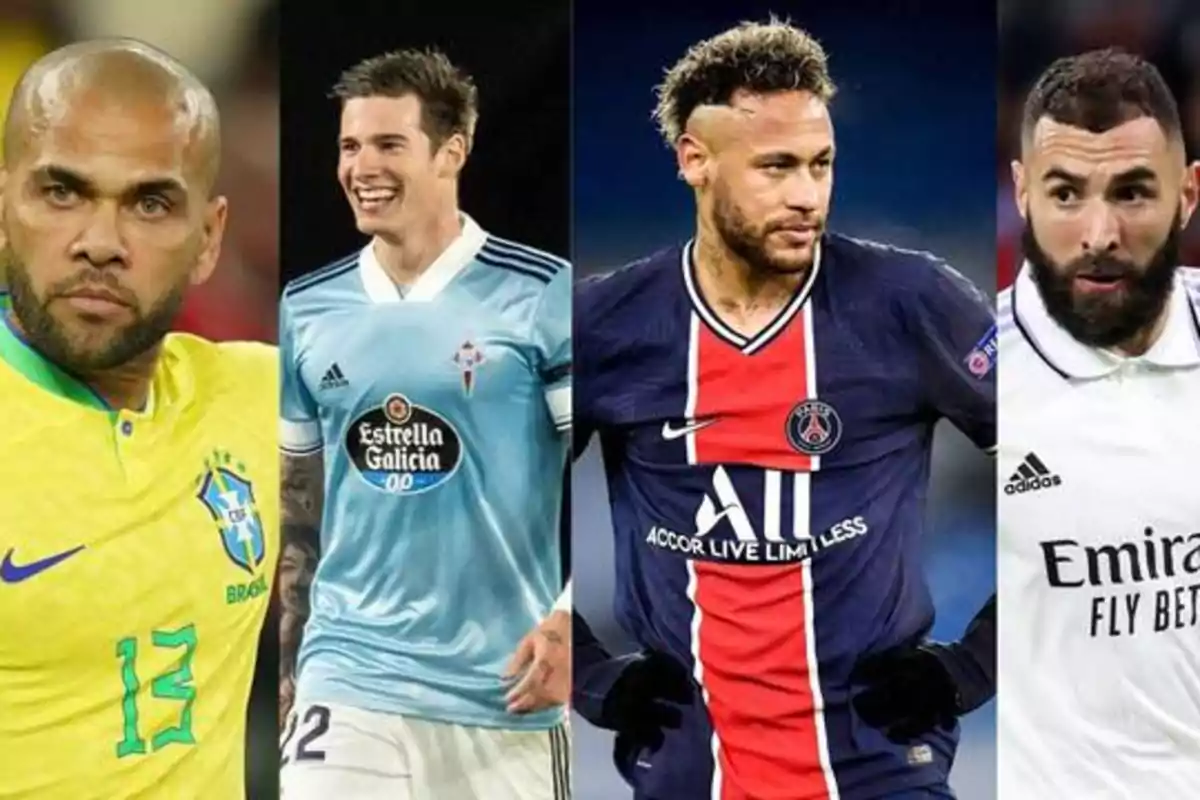 Cuatro jugadores de fútbol con diferentes uniformes: uno de Brasil, uno del Celta de Vigo, uno del Paris Saint-Germain y uno del Real Madrid.