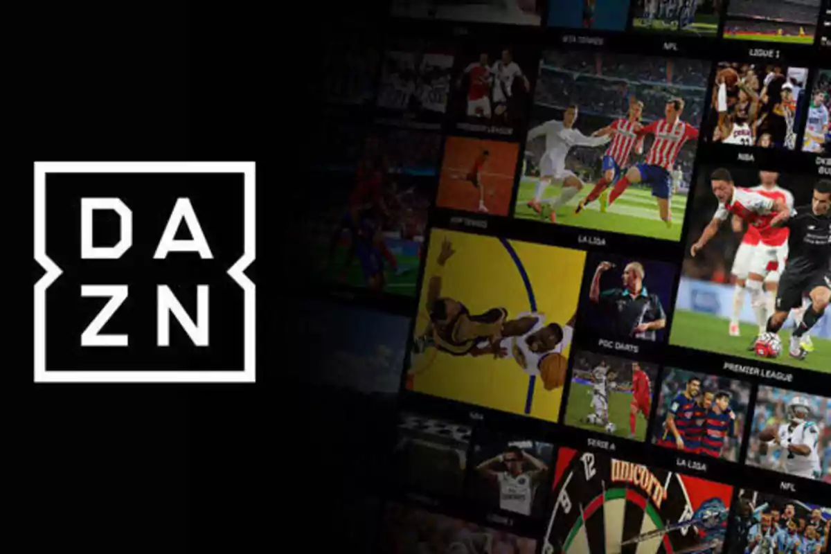 Imagen que muestra el logotipo de DAZN a la izquierda y una variedad de eventos deportivos a la derecha, incluyendo fútbol, baloncesto, dardos y otros deportes.