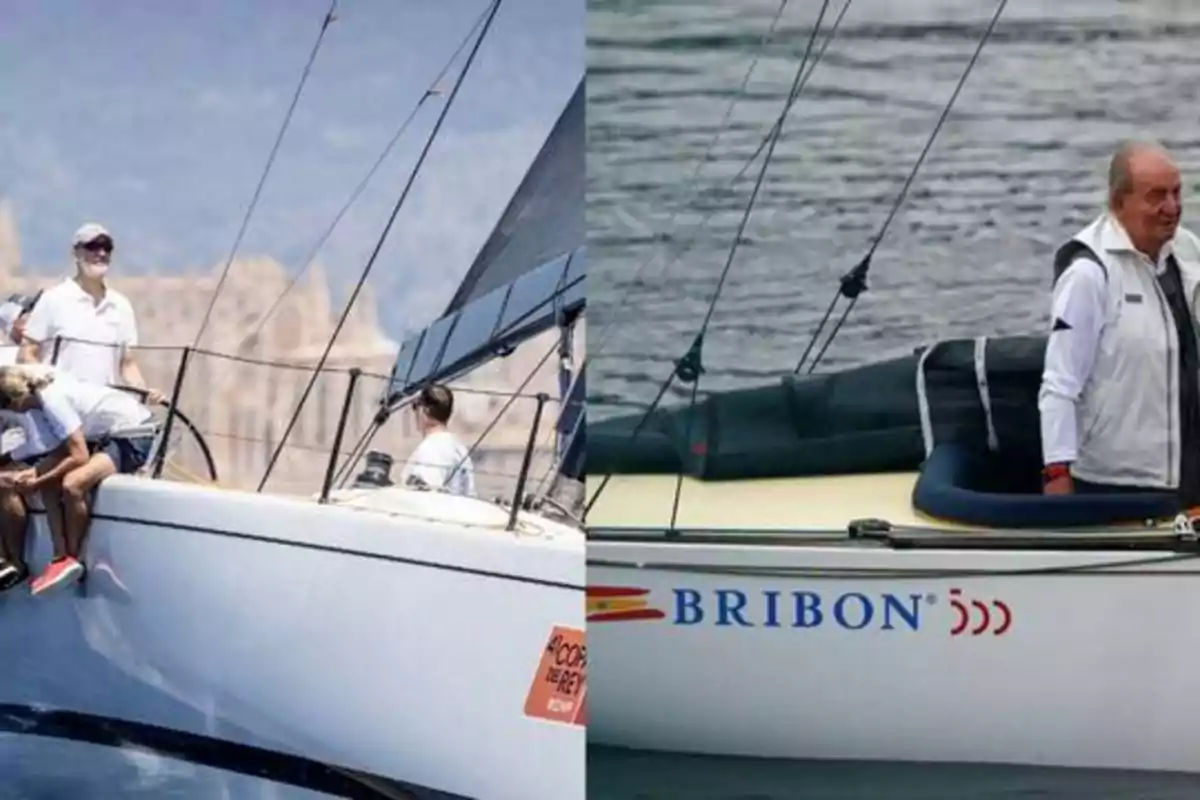 Personas navegando en un velero con el nombre "BRIBON" visible en el casco.