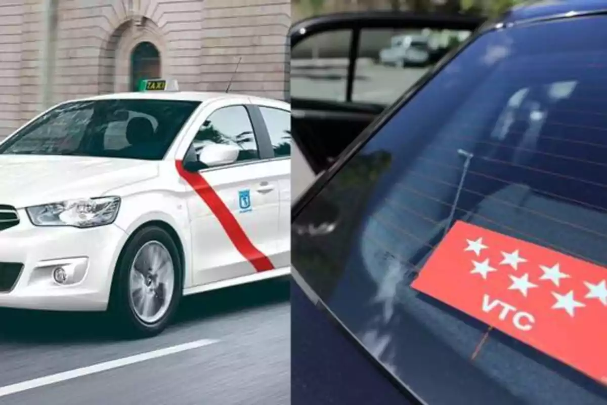 Un taxi blanco con una franja roja y un coche con una pegatina roja de VTC en la ventana trasera.