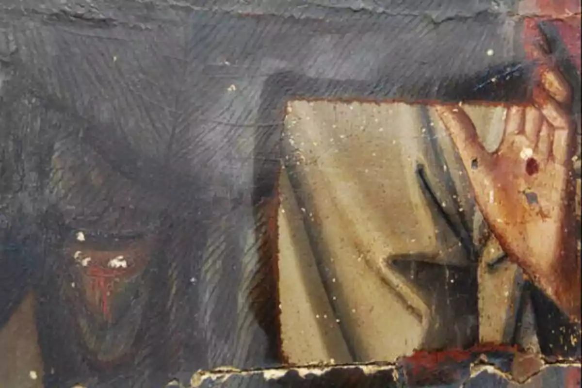 Una pintura antigua con signos de deterioro muestra una mano levantada con una herida en la palma.