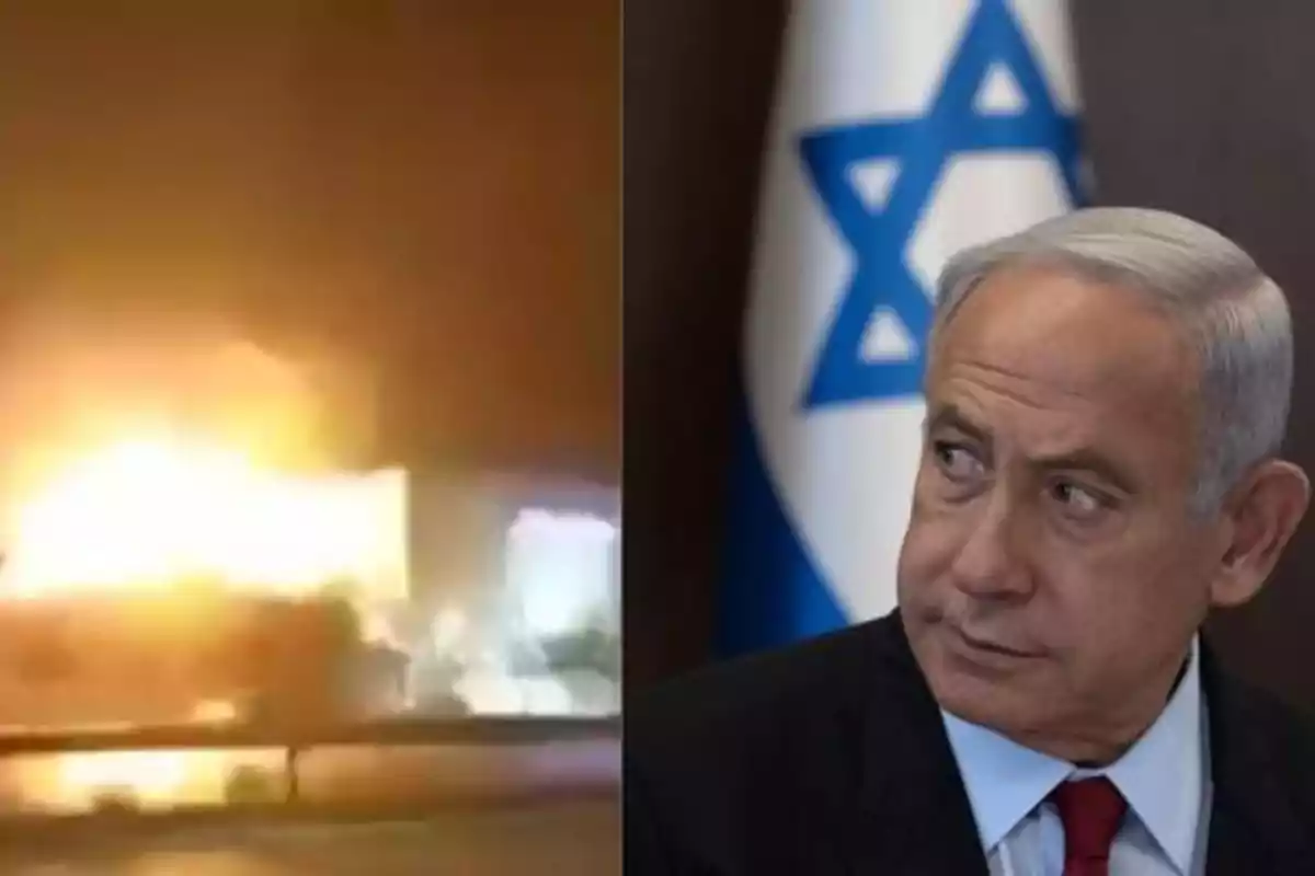 Una imagen dividida en dos partes, a la izquierda se muestra una explosión con llamas intensas y a la derecha un hombre de cabello canoso y traje oscuro con una bandera de Israel de fondo.