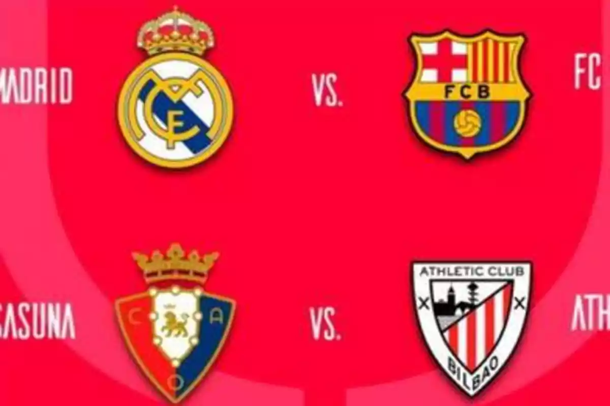 Imagen que muestra los escudos de los equipos de fútbol Real Madrid, FC Barcelona, Osasuna y Athletic Club Bilbao, con la palabra "vs." entre ellos indicando enfrentamientos.