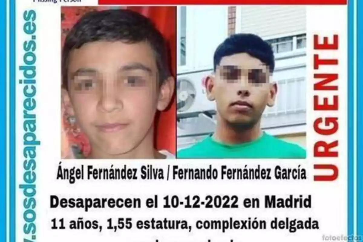 Se busca a Ángel Fernández Silva y Fernando Fernández García, desaparecidos el 10-12-2022 en Madrid, 11 años, 1.55 estatura, complexión delgada.