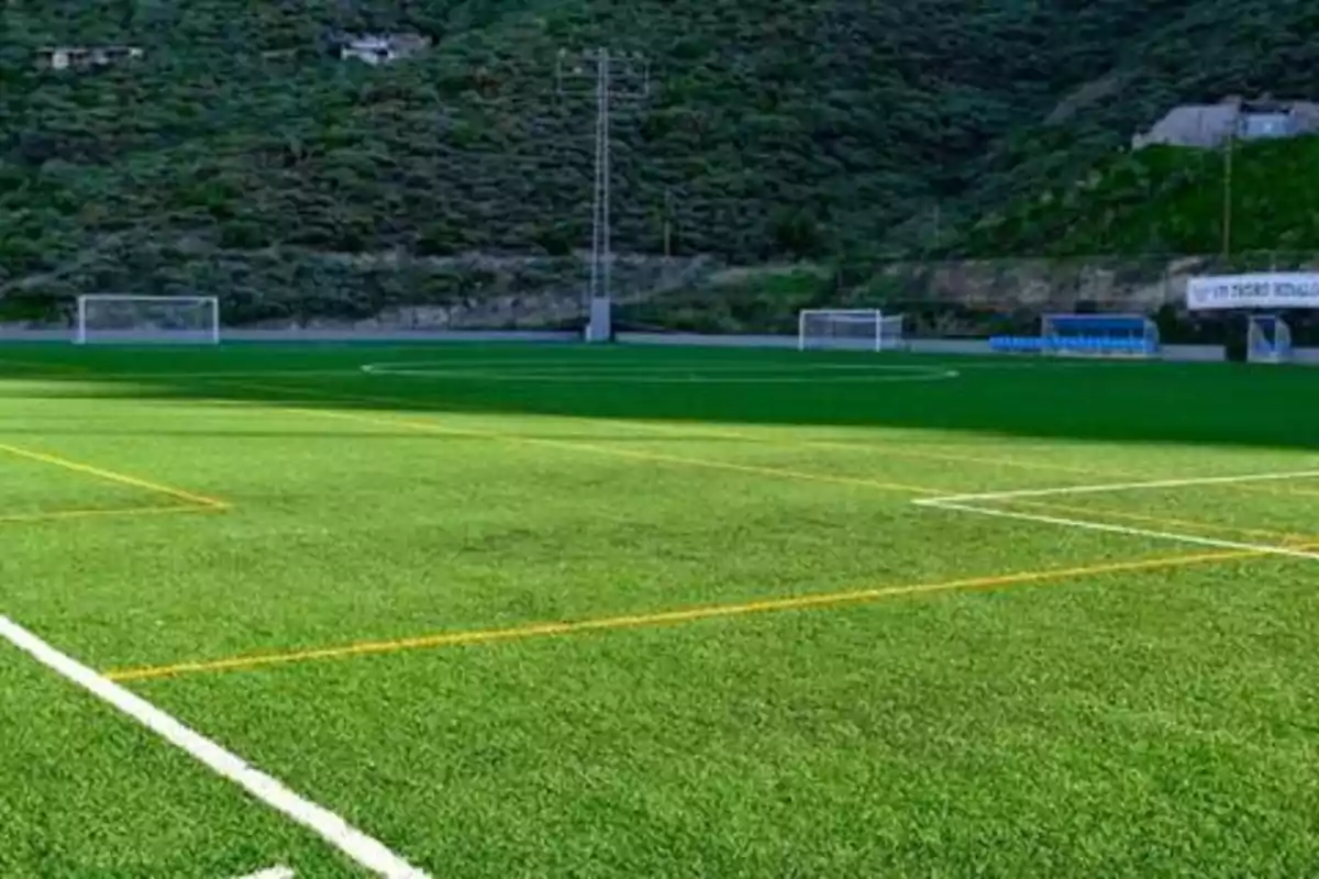 Campo de fútbol con césped artificial rodeado de colinas verdes.