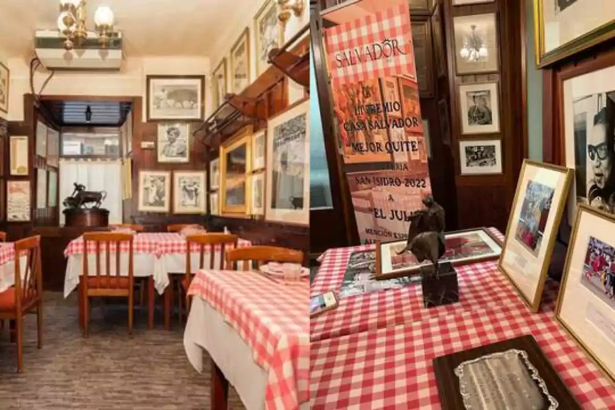 Un restaurante decorado con manteles a cuadros rojos y blancos, paredes adornadas con fotografías y cuadros, y una mesa con trofeos y premios en exhibición.