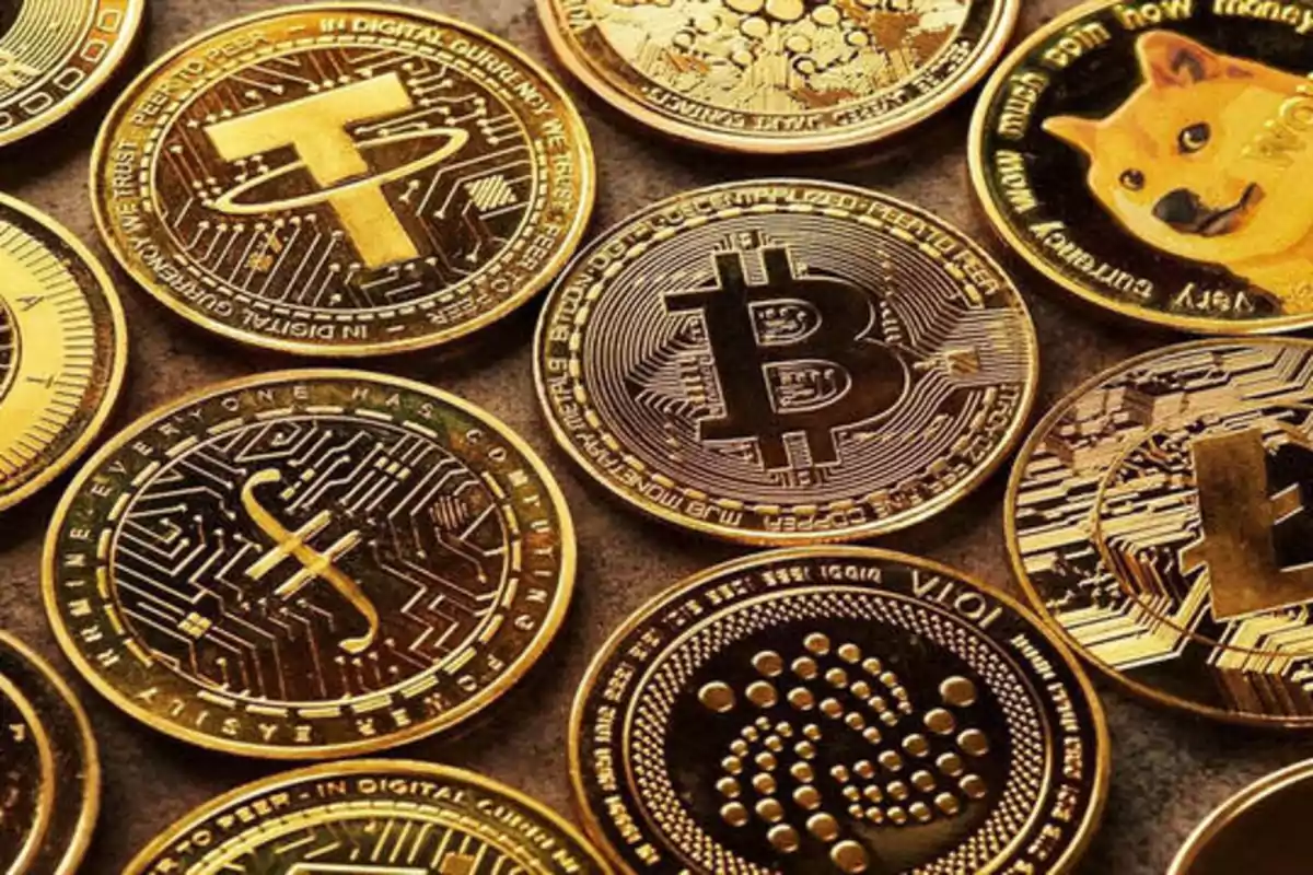 Varias criptomonedas doradas, incluyendo Bitcoin, Tether y Dogecoin, dispuestas sobre una superficie.
