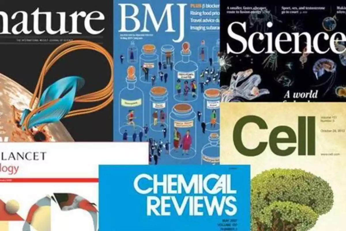 Portadas de revistas científicas: Nature, BMJ, Science, The Lancet, Chemical Reviews y Cell.