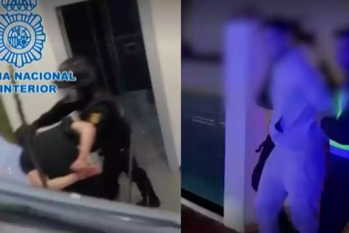 Policía Nacional de España realizando una detención en un edificio.