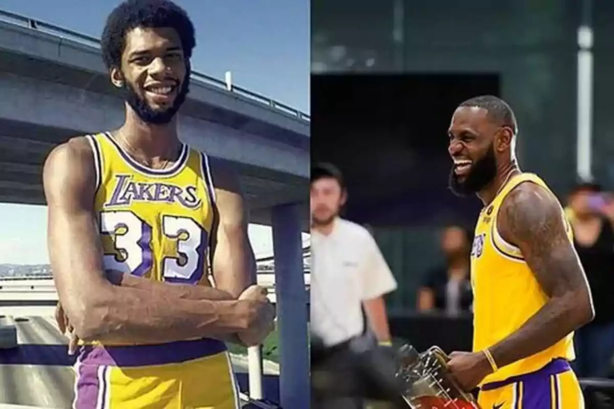 Dos jugadores de baloncesto de los Lakers, uno de ellos con el uniforme número 33 y el otro con el uniforme número 6, ambos sonriendo.