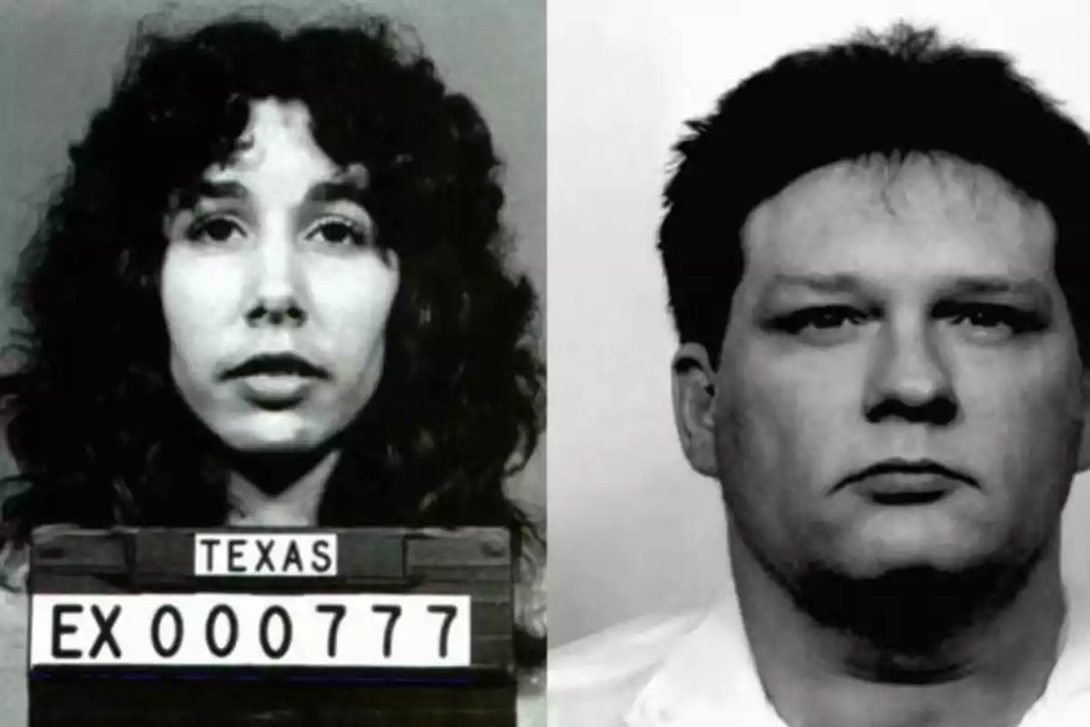 Dos fotografías en blanco y negro de personas, una mujer a la izquierda con cabello rizado y una placa de identificación de Texas con el número EX000777, y un hombre a la derecha con cabello corto.