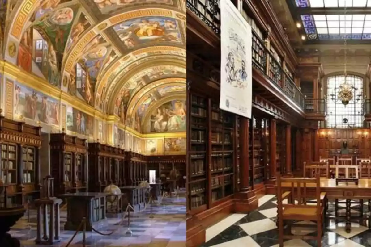 La imagen muestra dos bibliotecas históricas con techos decorados y estanterías de madera llenas de libros antiguos.