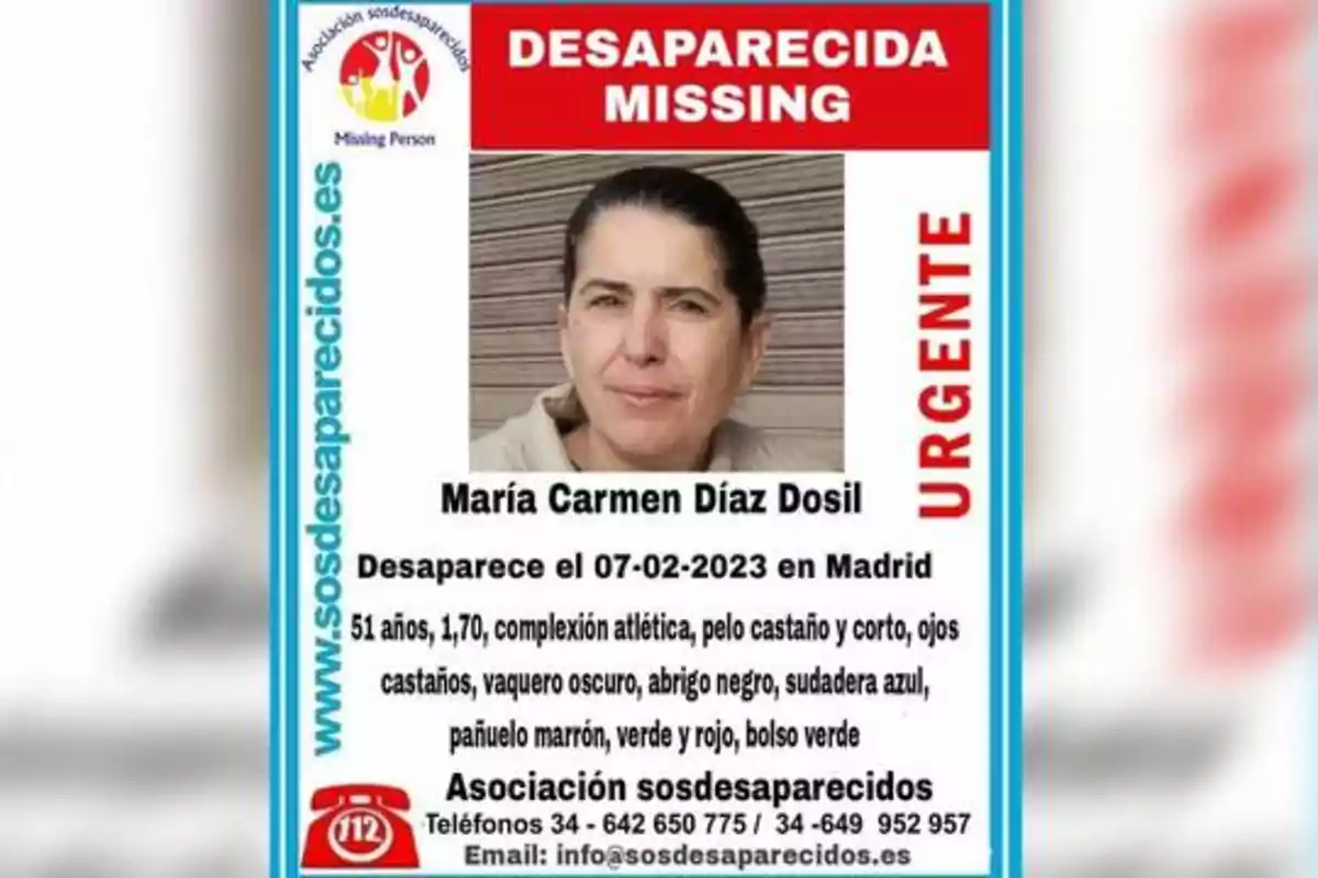 Cartel de persona desaparecida con la foto de una mujer y el texto "DESAPARECIDA MISSING URGENTE María Carmen Díaz Dosil Desaparece el 07-02-2023 en Madrid 51 años, 1,70, complexión atlética, pelo castaño y corto, ojos castaños, vaquero oscuro, abrigo negro, sudadera azul, pañuelo marrón, verde y rojo, bolso verde Asociación sosdesaparecidos Teléfonos 34-642 650 775 / 34-649 952 957 Email: info@sosdesaparecidos.es"