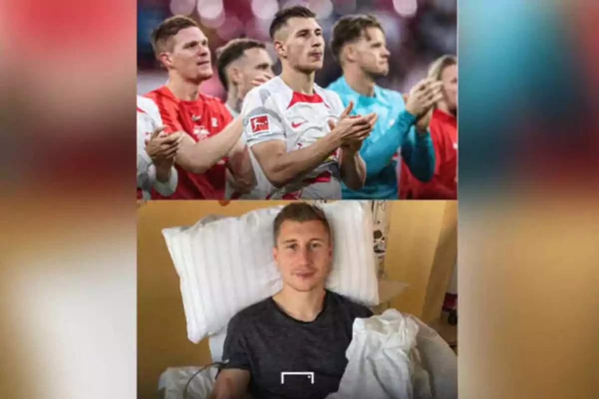Jugadores de fútbol aplaudiendo en un campo de juego en la parte superior y un hombre acostado en una cama de hospital en la parte inferior.