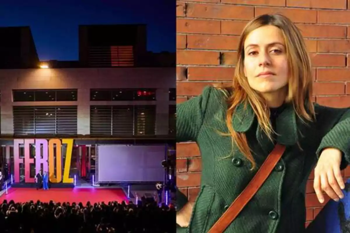 Una mujer con abrigo verde posa frente a una pared de ladrillos junto a una imagen de una alfombra roja con el letrero "FEROZ" iluminado.