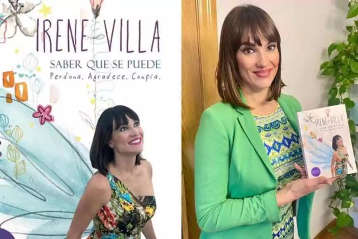 Una mujer sonriente sostiene un libro titulado "Saber que se puede" de Irene Villa, vestida con una chaqueta verde y un vestido colorido, con una planta en el fondo.
