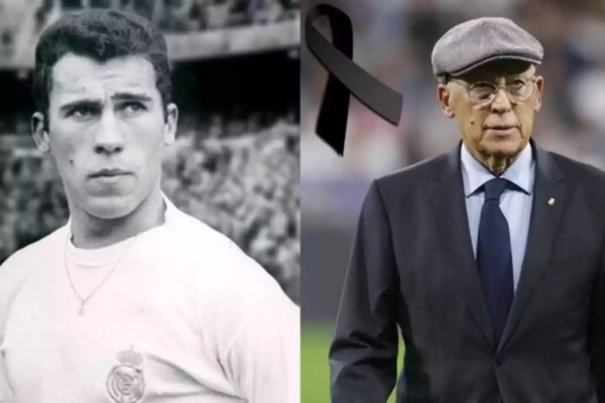 Dos imágenes de la misma persona en diferentes etapas de su vida, una en blanco y negro con uniforme deportivo y otra en color con traje y corbata, acompañadas de un lazo negro.