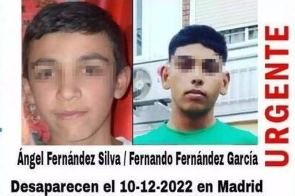 Dos jóvenes desaparecidos en Madrid el 10-12-2022, identificados como Ángel Fernández Silva y Fernando Fernández García, con la palabra "URGENTE" en el lado derecho de la imagen.