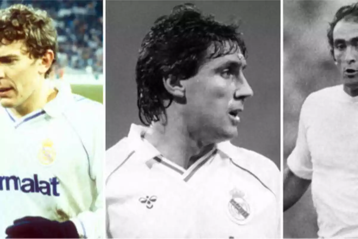 Tres jugadores de fútbol con camisetas del Real Madrid.