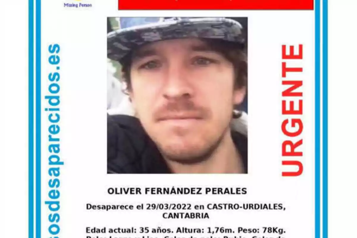 Se busca a Oliver Fernández Perales, desaparecido el 29/03/2022 en Castro-Urdiales, Cantabria. Edad actual: 35 años. Altura: 1,76m. Peso: 78Kg.