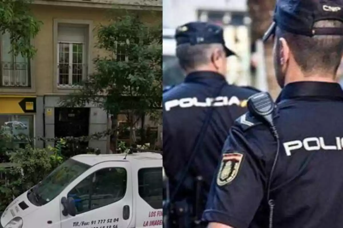 Un edificio con un vehículo estacionado al frente y dos policías de espaldas.