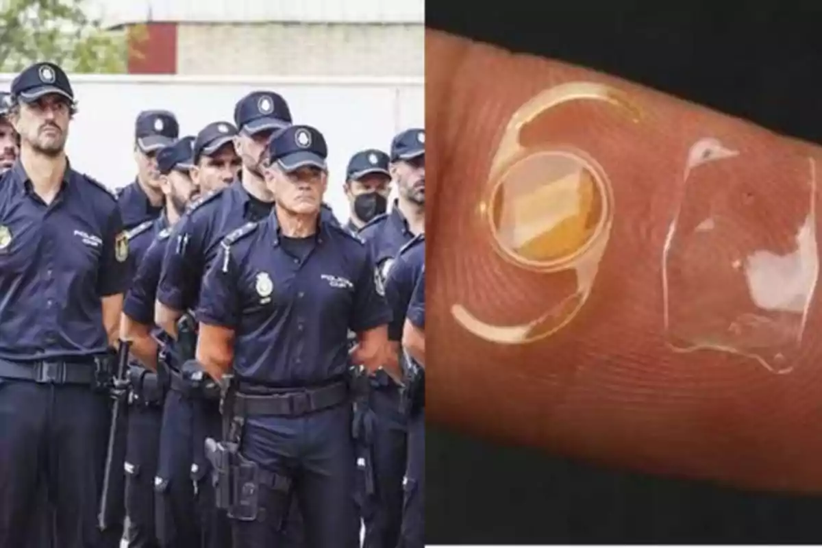 Policías en formación junto a un implante transparente sobre un dedo.