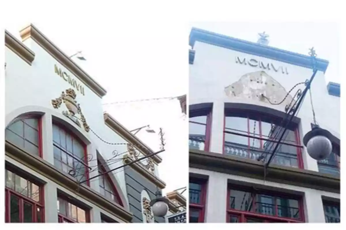 Comparación de un edificio con la inscripción "MCMVII" antes y después de la restauración.