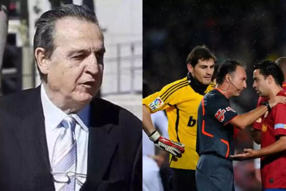 Hombre de traje y corbata a la izquierda, árbitro hablando con jugadores de fútbol a la derecha.