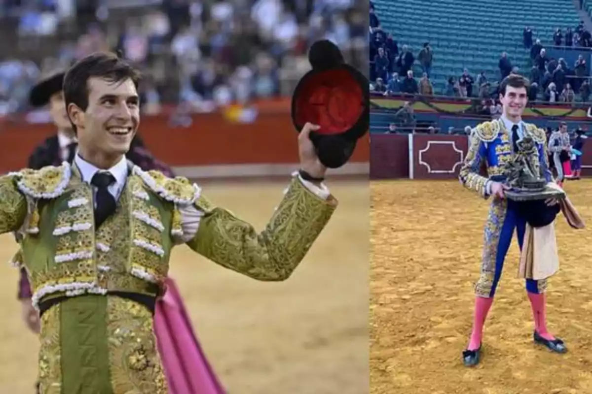 Dos imágenes de un torero en la plaza de toros, en la primera imagen está sonriendo y levantando su sombrero, en la segunda imagen está sosteniendo un trofeo.