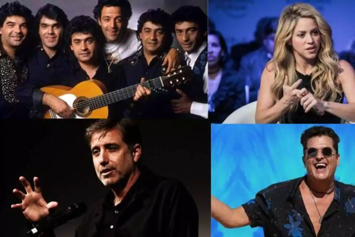 Imagen que muestra un collage de cuatro fotografías: en la esquina superior izquierda, un grupo de seis hombres con una guitarra; en la esquina superior derecha, una mujer rubia gesticulando; en la esquina inferior izquierda, un hombre hablando con un micrófono; y en la esquina inferior derecha, un hombre con gafas de sol sonriendo.