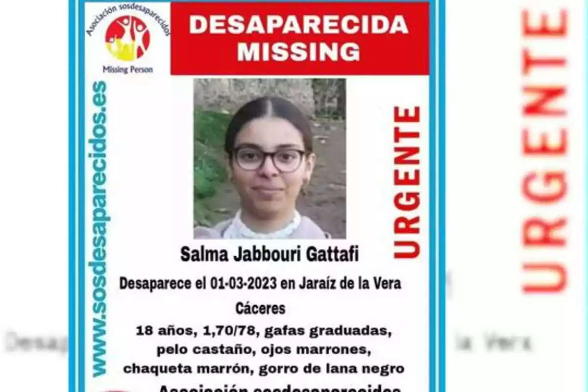 Desaparecida: Salma Jabbouri Gattafi, desaparece el 01-03-2023 en Jaraíz de la Vera, Cáceres. 18 años, 1,70/78, gafas graduadas, pelo castaño, ojos marrones, chaqueta marrón, gorro de lana negro. Asociación sosdesaparecidos. www.sosdesaparecidos.es