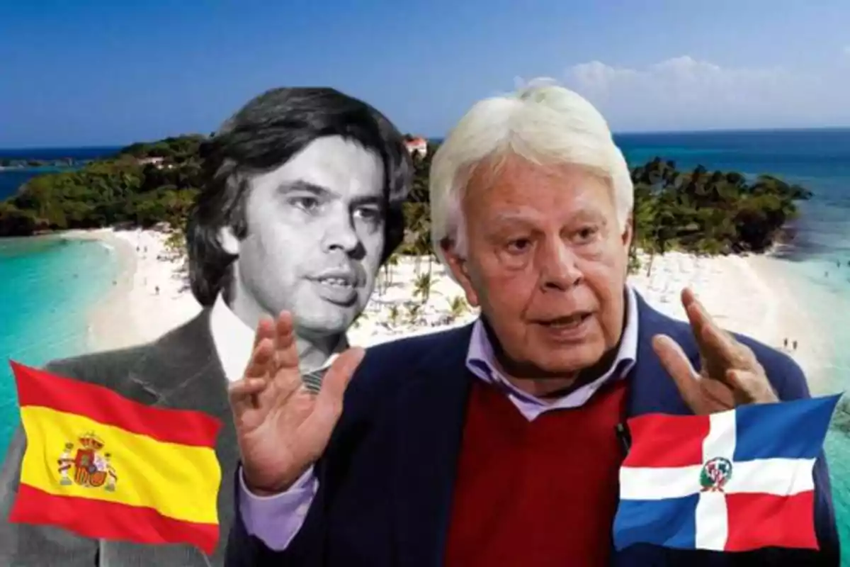 Dos hombres, uno en blanco y negro y otro en color, con las banderas de España y República Dominicana, sobre un fondo de playa tropical.