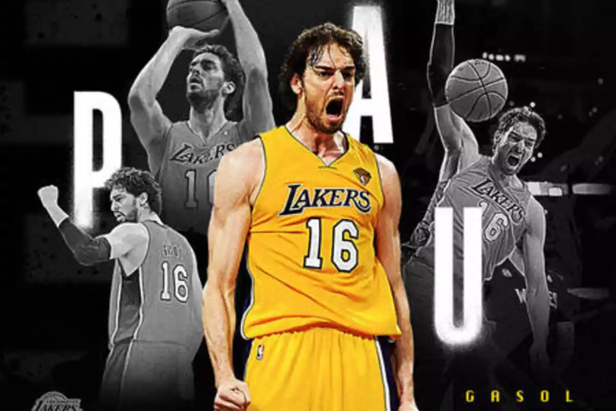 Jugador de baloncesto con uniforme de los Lakers en varias poses de acción, con las letras "P", "A" y "U" en el fondo.