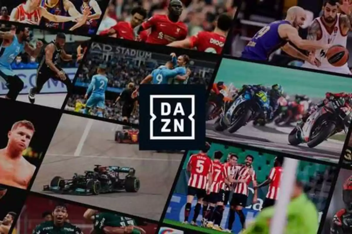 Collage de imágenes deportivas con el logotipo de DAZN en el centro, mostrando escenas de fútbol, baloncesto, boxeo, Fórmula 1 y motociclismo.