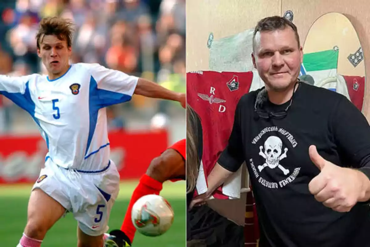 Un hombre jugando al fútbol con el uniforme de la selección rusa a la izquierda y el mismo hombre posando con una camiseta negra y haciendo un gesto de aprobación con el pulgar hacia arriba a la derecha.