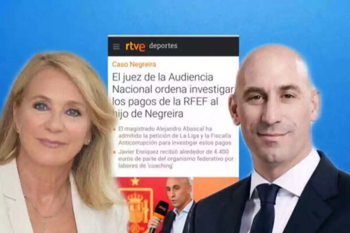 Una mujer y un hombre posan frente a un fondo azul, con una captura de pantalla de una noticia de RTVE Deportes sobre el caso Negreira en el centro.