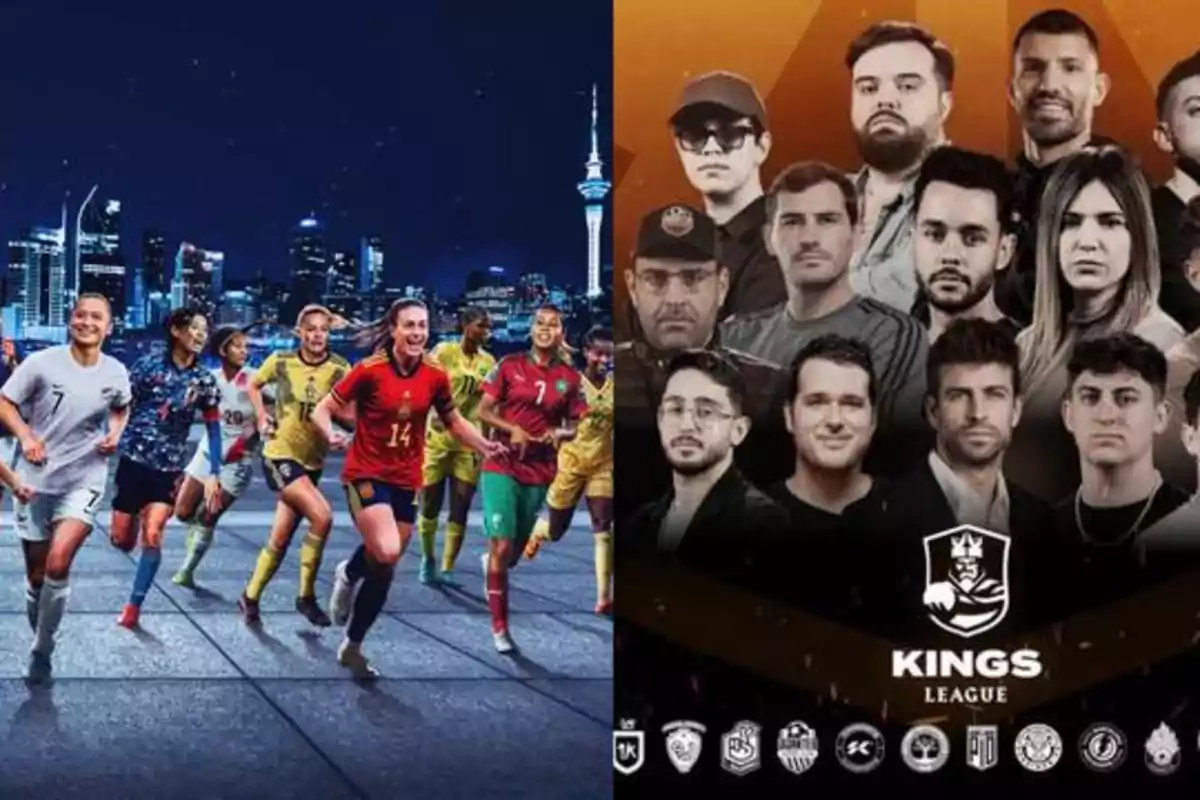 Jugadoras de fútbol corriendo en un entorno urbano nocturno a la izquierda y un grupo de personas posando con el logo de la Kings League a la derecha.