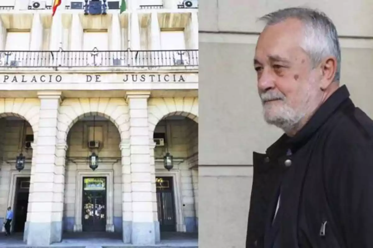 Un hombre de cabello canoso y barba está de pie junto a un edificio con la inscripción "Palacio de Justicia".
