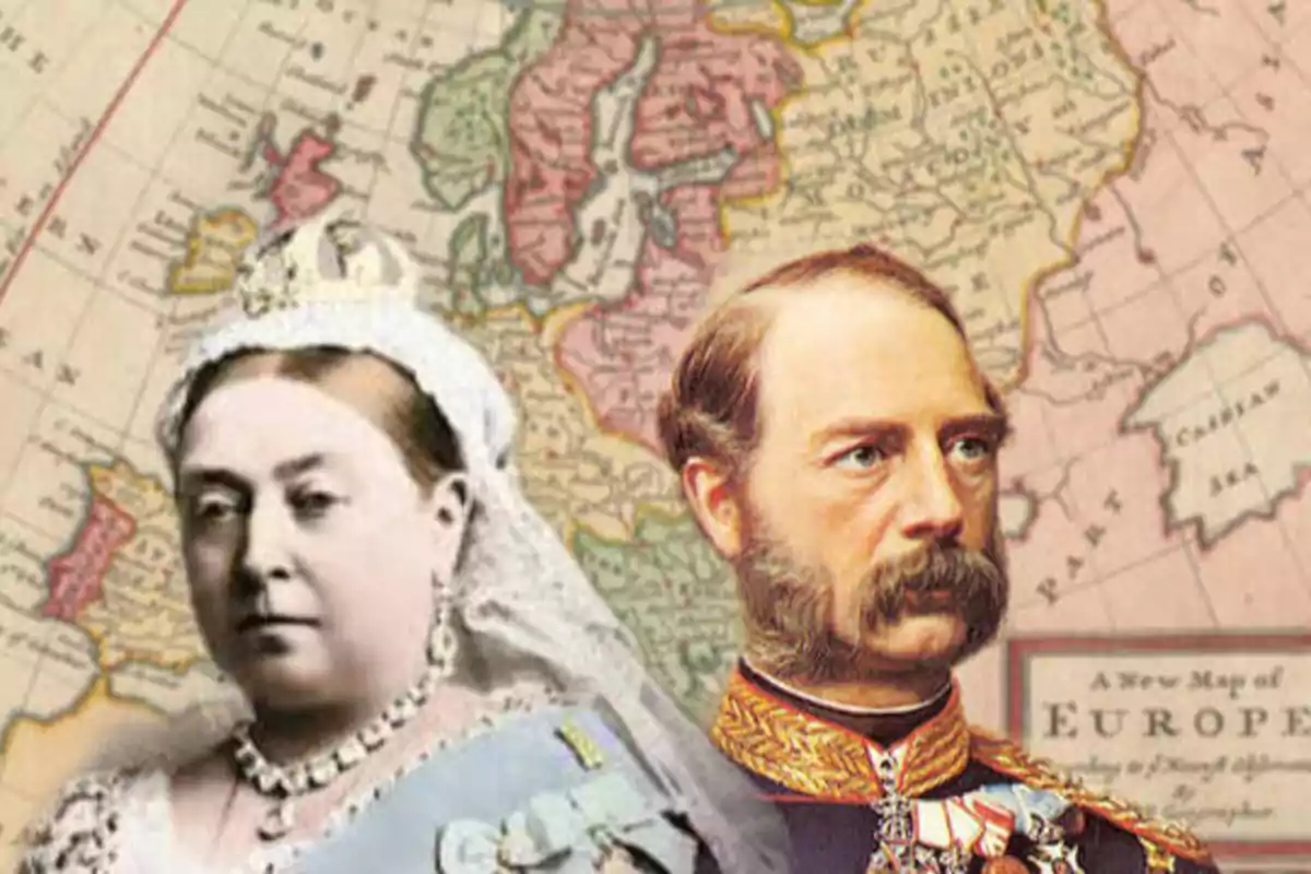 Una imagen de dos figuras históricas, una mujer con una corona y un hombre con uniforme militar, con un mapa antiguo de Europa de fondo.