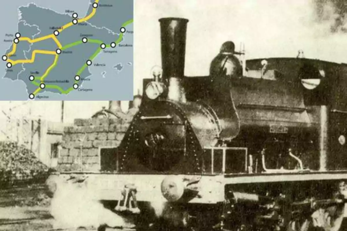 Antigua locomotora de vapor con un mapa de rutas ferroviarias en España.