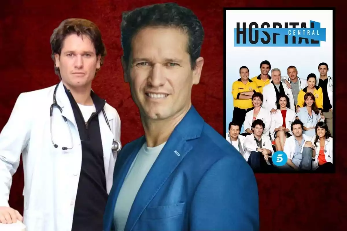 Un hombre con chaqueta azul y otro con bata de médico posan frente a un fondo rojo, junto a un cartel de la serie "Hospital Central" que muestra a varios personajes del elenco.