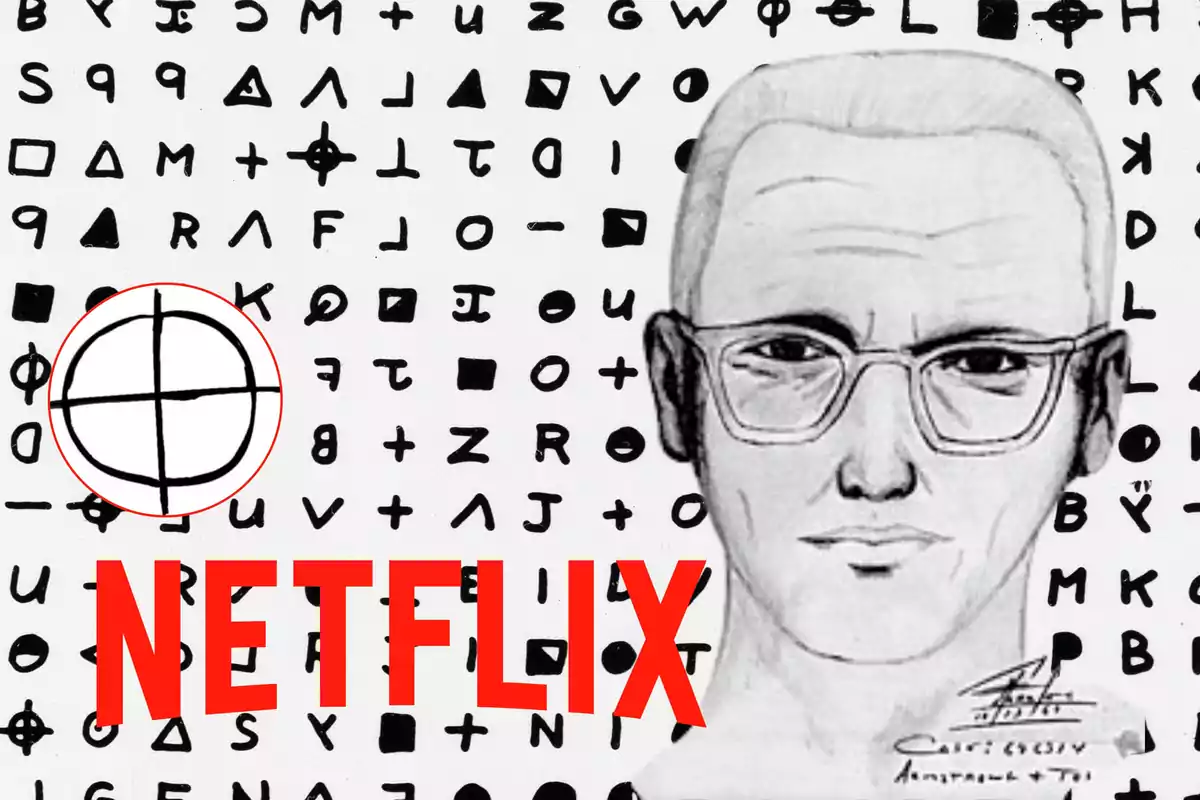 Un dibujo de un hombre con gafas sobre un fondo de símbolos crípticos y el logo de Netflix en rojo.